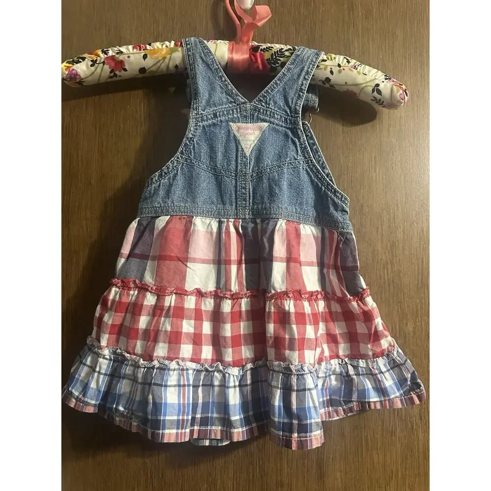 OshKosh B'Gosh Vestbak Bib Overall Jumper Dress Tiered 24 MO Red White Blue July